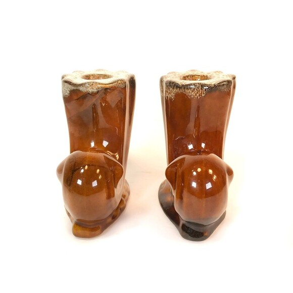 Anna Van Briggle Pottery Brown Drip Horn Cornucopia Candle Holder Pair RARE VTG - Picture 5 of 11
